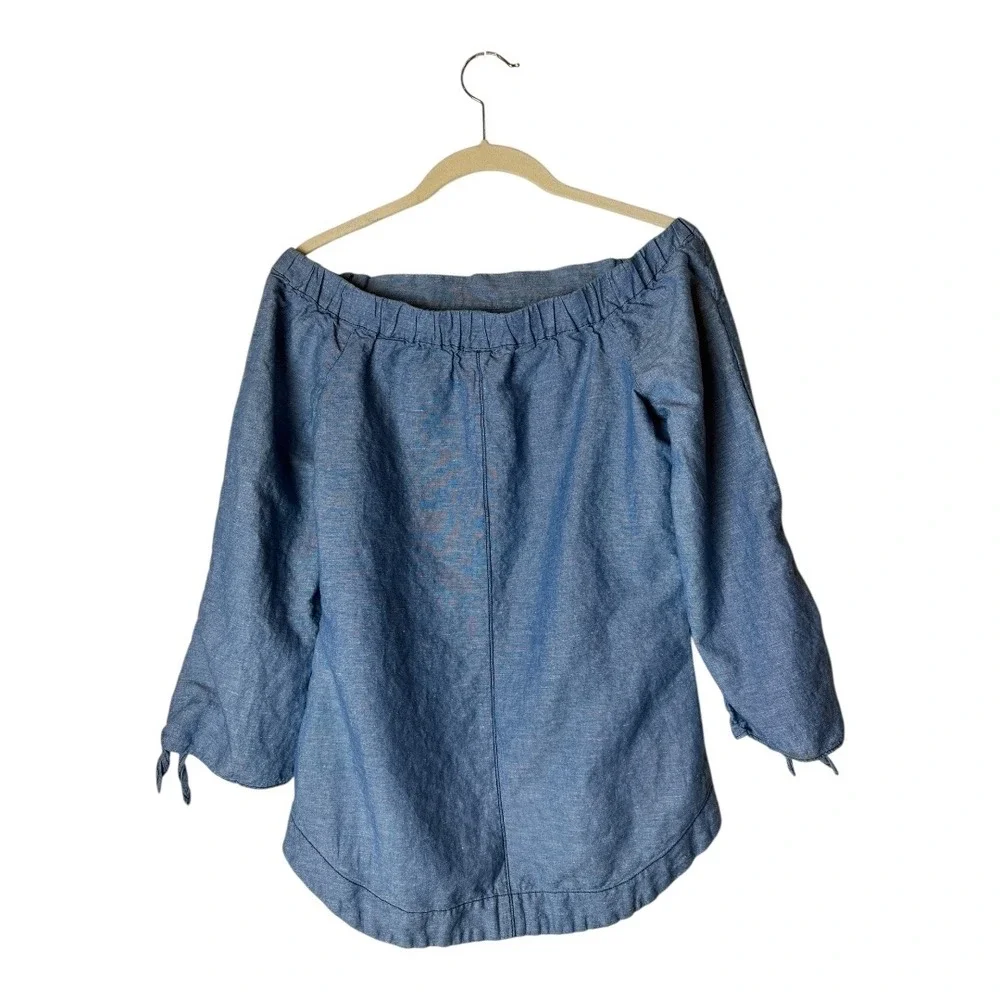 Free People Shirt Women‎ XS Blue Off The Shoulder Chambray Tie Cuff Top Boho